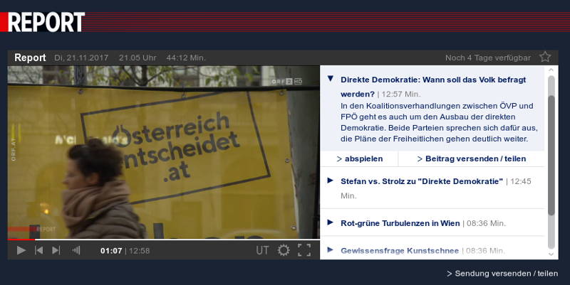 ORF-"Report" zum Thema "DIREKTE DEMOKRATIE IN DEN KOALITIONSVERHANDLUNGEN"
